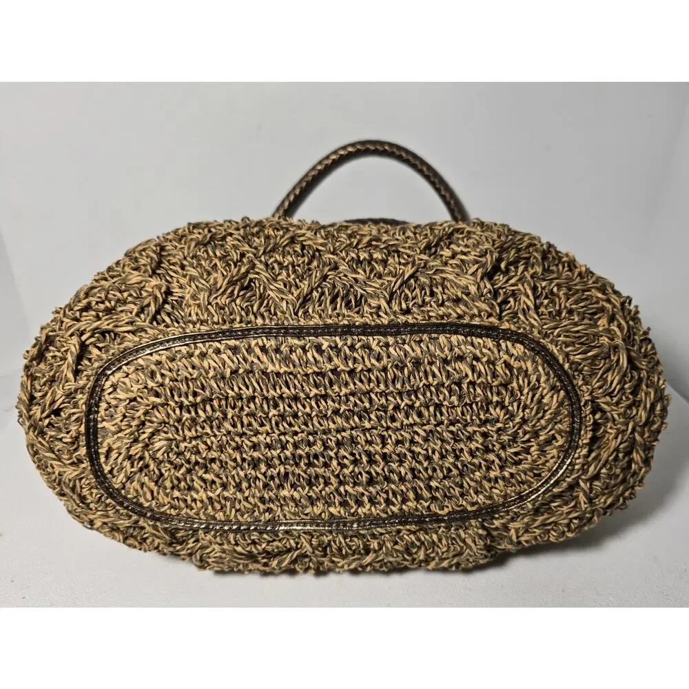 BRIGHTON VINTAGE Woven Straw Shoulder Hobo Bag Bronze Leather Trim Charm